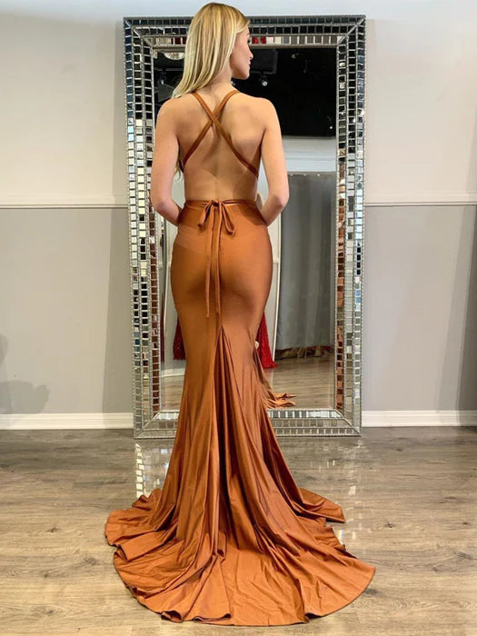 Sleek Mermaid Deep V Sleeveless Cutout Burnt Orange Prom Dress