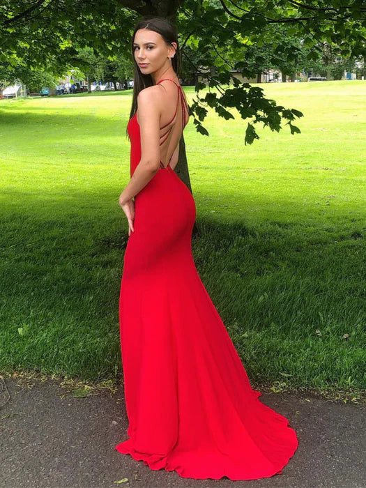 Sleek Mermaid Halter Sleeveless Beaded Red Floor-Length Prom Dress