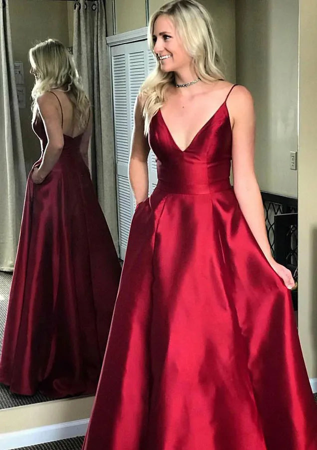 Sleek Satin Long Evening Dress Burgundy Plunging Sleeveless Party Gown for Women