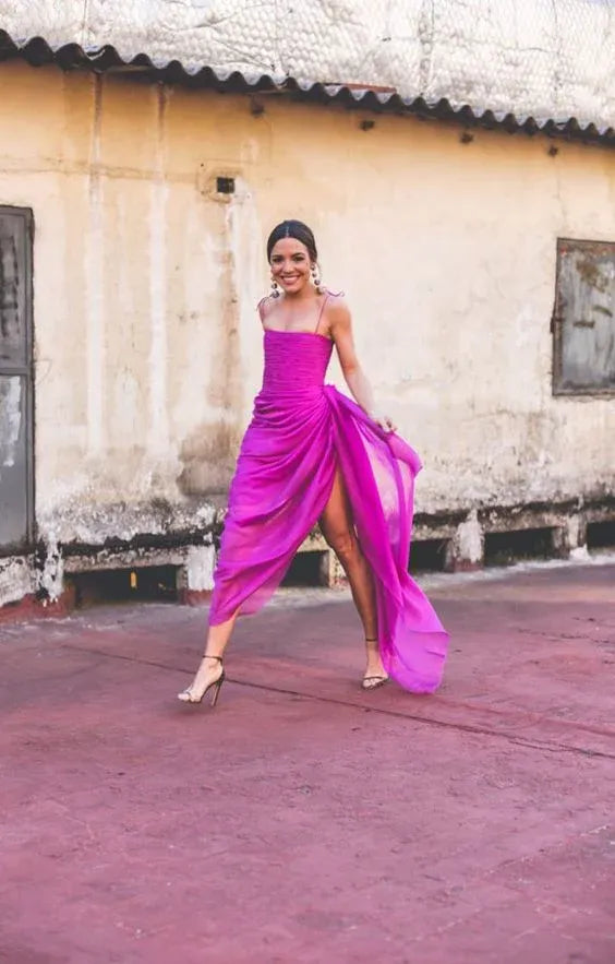 Sleek Satin Maxi Evening Dress Magenta Sweetheart Spaghetti-Strap Formal Women