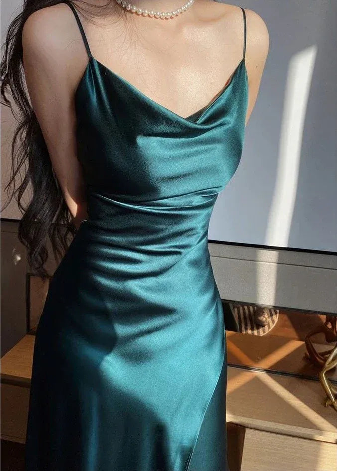Sleek Sheath Spaghetti-Strap Cutout Satin Emerald Maxi Evening Dress for Women