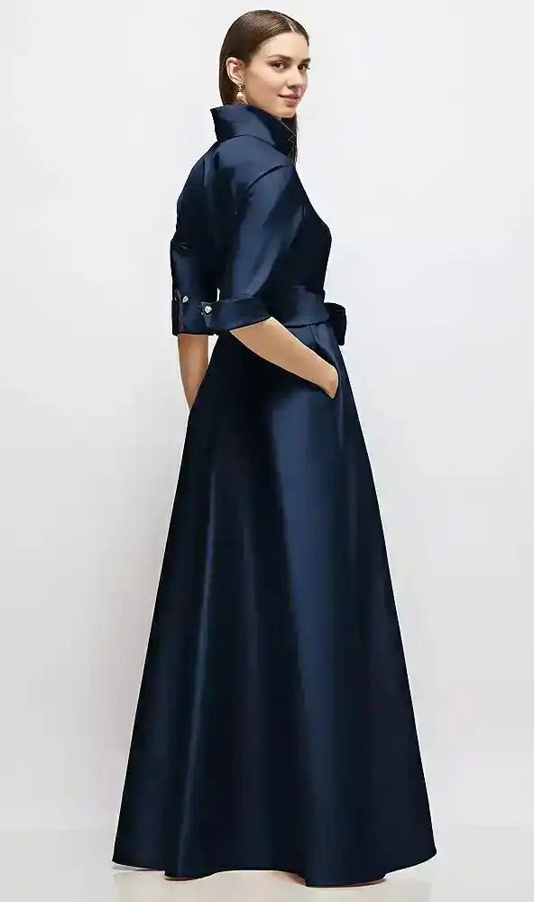 Sleeve Satin Shirt Dress Gown with Sash and Jeweled Buttons in Midnight Navy