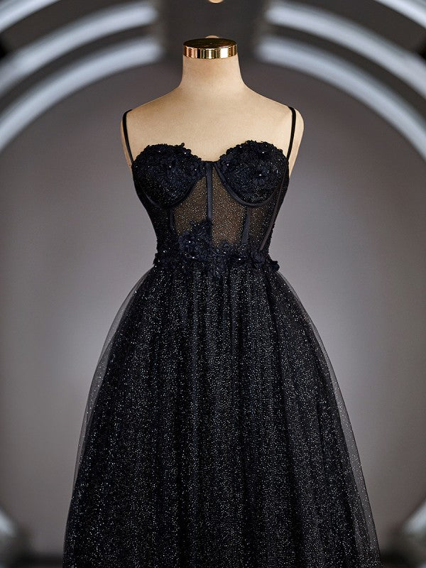 Sleeveless A-Line/Princess Spaghetti Straps Back Zip Floor-Length Prom Dresses Appliques Lace