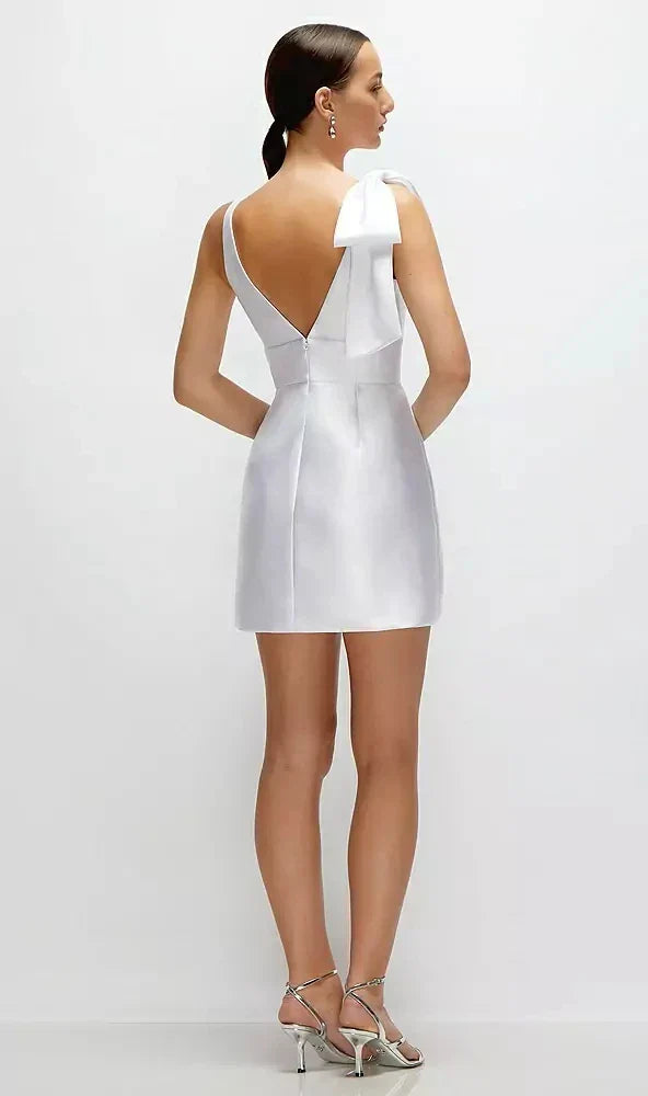 Sleeveless Satin Little White Mini Dress with Handcrafted Shoulder Bow in White