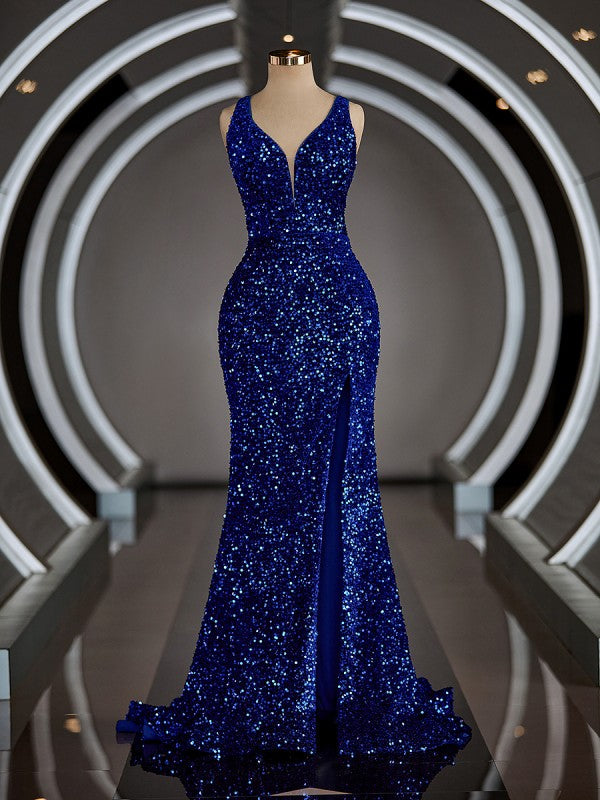 Sleeveless Sheath/Column V-neck Sweep Train Sequins Prom Dresses With Leg Slit