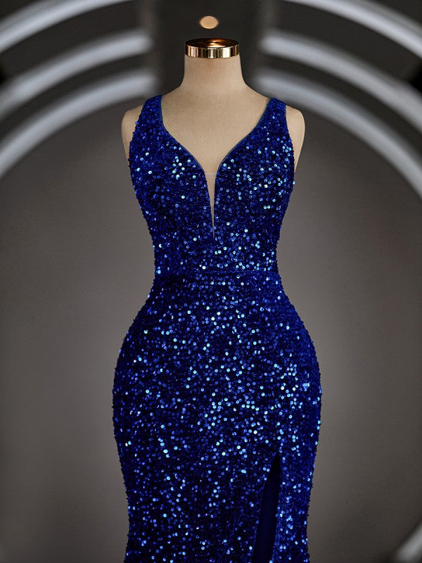 Sleeveless Sheath/Column V-neck Sweep Train Sequins Prom Dresses With Leg Slit