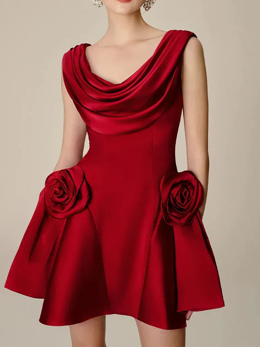 Solid Spliced Appliques Mini Dresses For Women O Neck Sleeveless High Waist Homecoming Dress