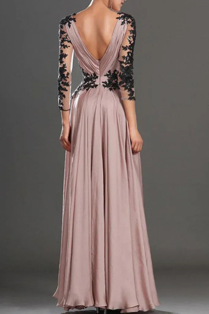 Sophisticated A-Line Deep V Neck Long Sleeve Deep V Back Floor Length Formal Evening Dress