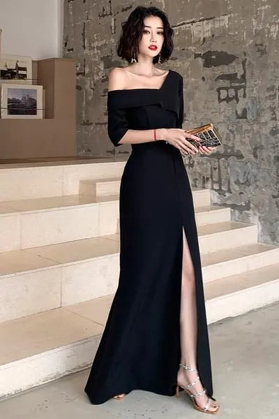 Sophisticated Sheath Off-the-shoulder Half-sleeve Slit Black Floor-length Prom Dress for Women Ready to Ship