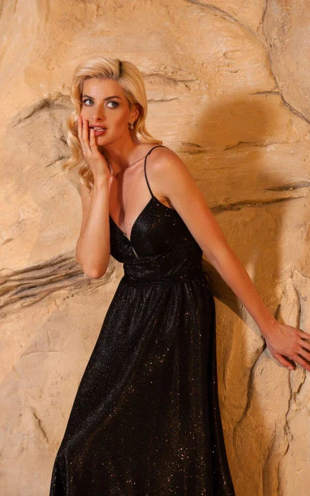 Spaghetti Straps Sleeveless A-line Plunged Sheath Black Formal Empire Sequin Prom Dress