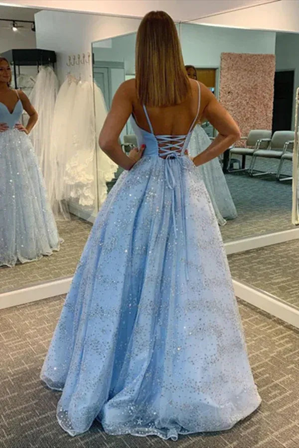 Floor-Sparking A-Line V-Neck Sleeveless Lace UpLength Prom Dress