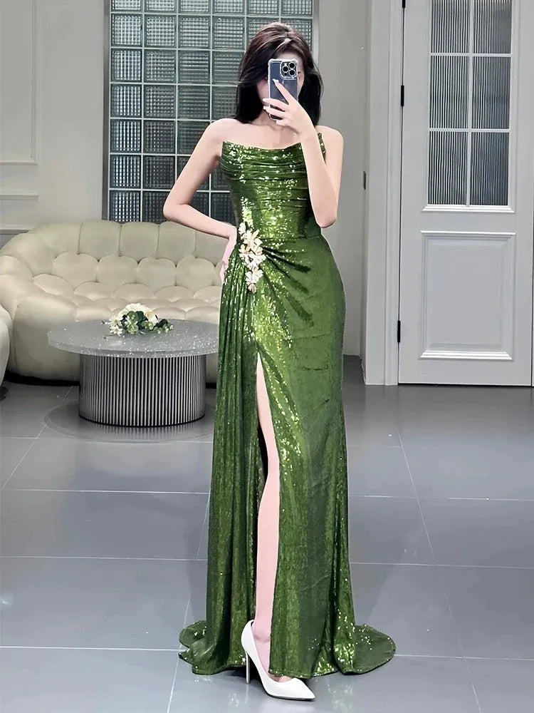 Sparkle Mermaid Sweetheart Sleeveless Sequins Slit Floor-Length Prom Dress