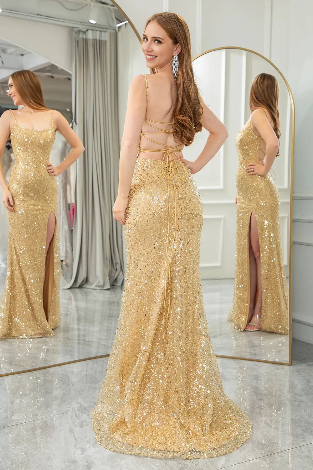 Sparkling Glitter Mermaid Boat Neck Sleeveless Crisscross Back Brush Train prom dress for women