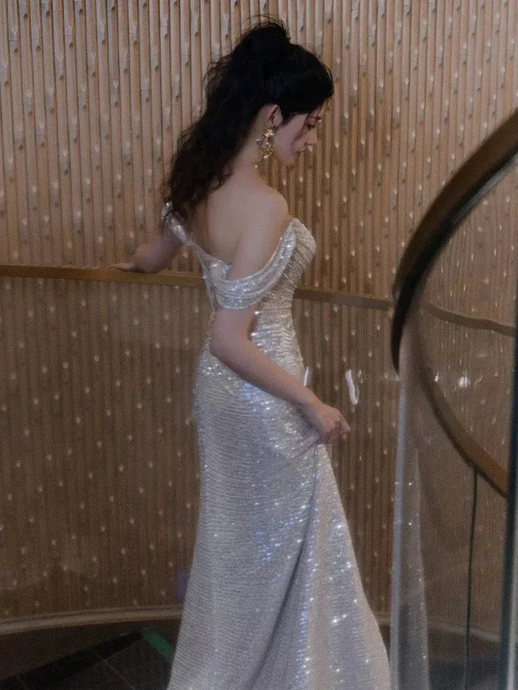 Sparkling Mermaid Off-Shoulder Sequin Silver Maxi Prom Dress for Women ready to ship