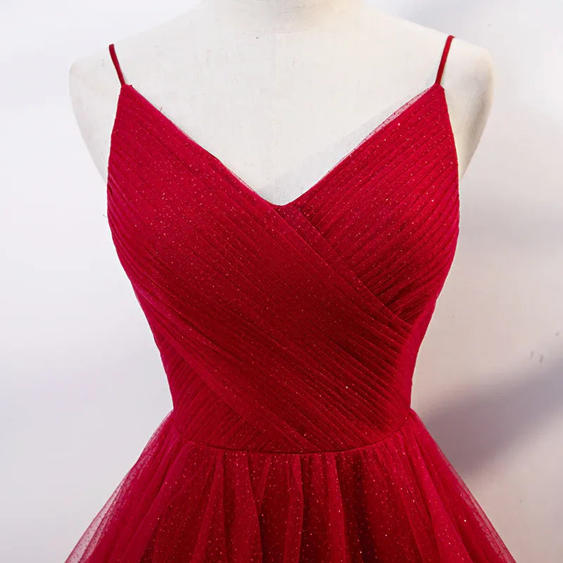 Sparkling Tulle Long Evening Dress Red V-Neck Spaghetti Strap for Women