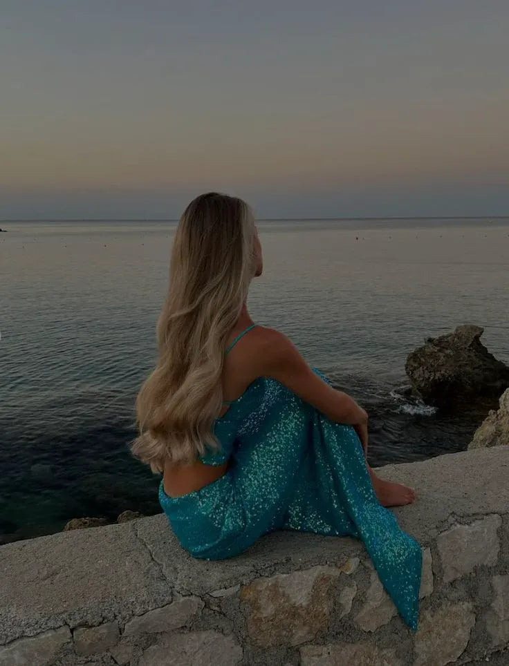 Sparkling Two-Piece V-Neck Sleeveless Sequin Turquoise Maxi Prom Dress for Women Ready to Ship