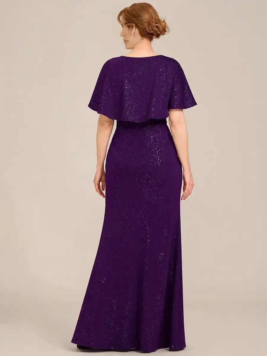 Sparkling V Neck Ruffled Batwing Sleeve Mother of the Bride Dress