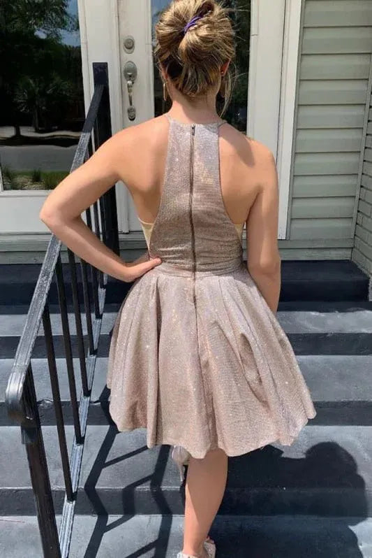 Sparkly A-Line Halter Neck Glittery Champagne Short Homecoming Dress for Women