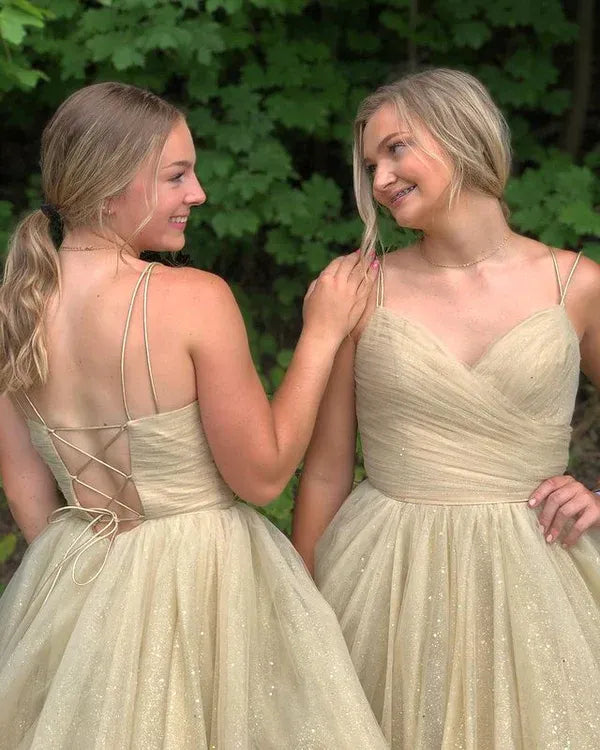 Sparkly A-Line V Neck Sleeveless Tulle Floor-Length Prom Dress