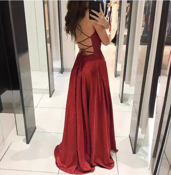 Sparkly A-line Halter Neck Sleeveless Glitter Burgundy Maxi Prom Dress for Women Hot Sale