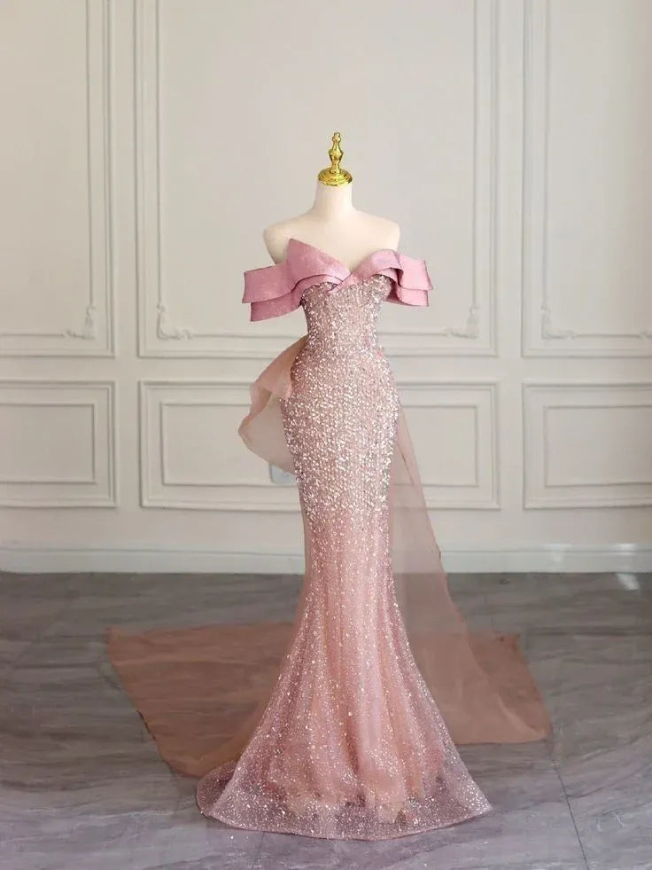 Sparkly Mermaid Off Shoulder Sequin Bow Pink Long Evening Dresses
