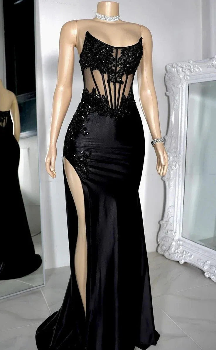 Sparkly Mermaid Strapless Sleeveless Slit Satin Sweep/Brush Train Prom Dress