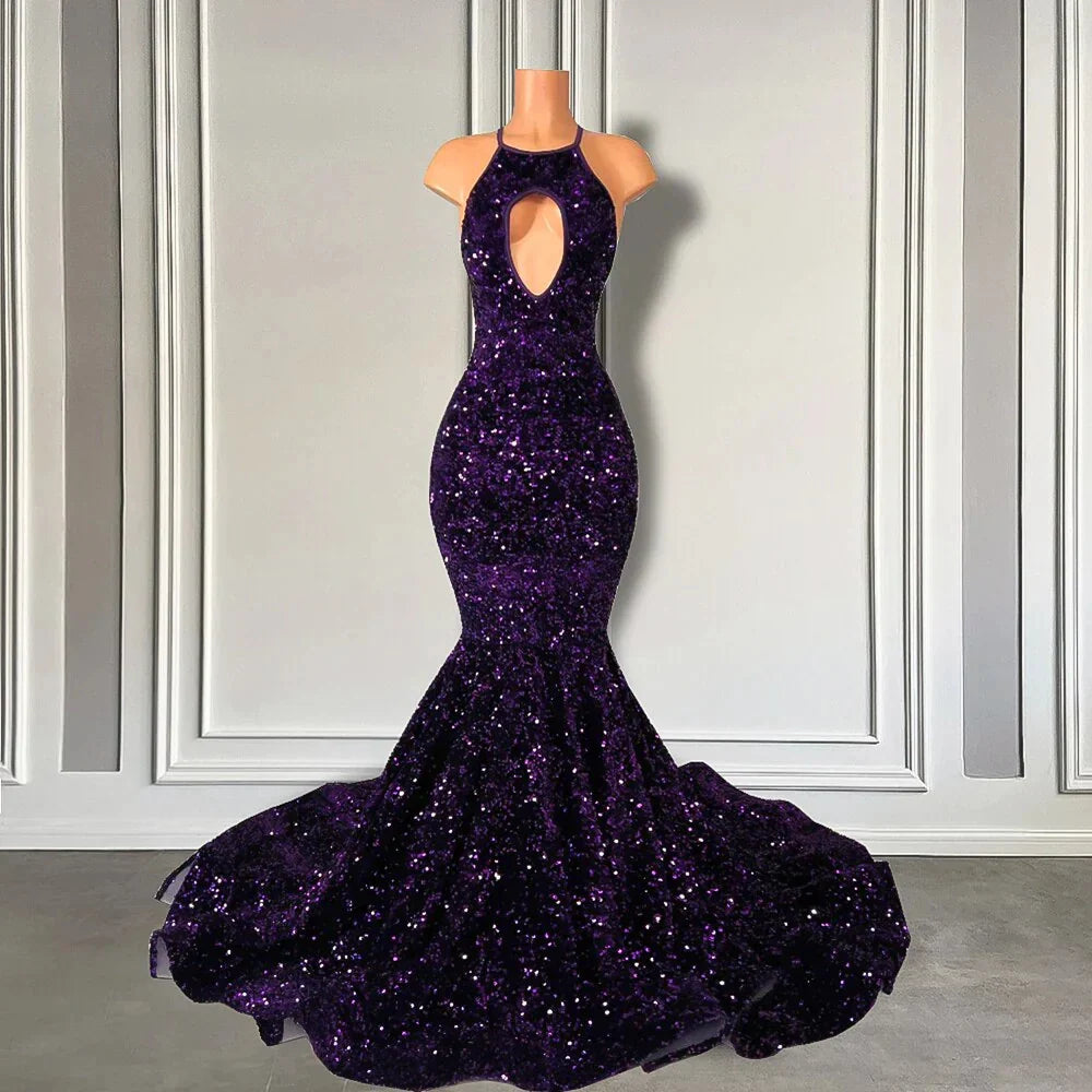 Sparkly Purple Sequined Prom Dresses Black Girls Mermaid Formal Dress