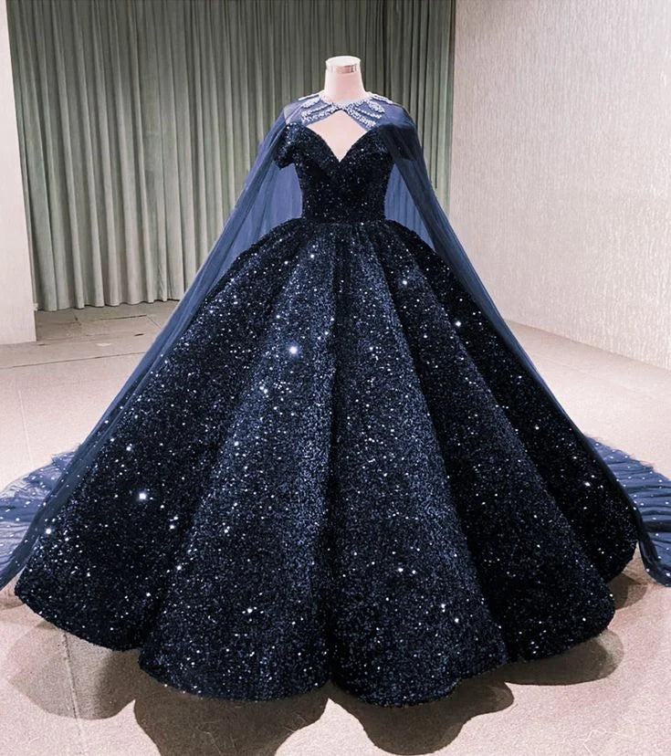 Sparkly Sequin Black Wedding Dress with Cape Off Shoulder Puffy Ball Gowns