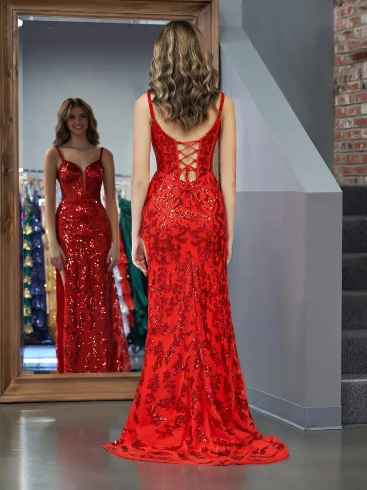 Sparkly Sheath Spaghetti Straps Sleeveless Sequins Slit Floor-Length Prom Dress