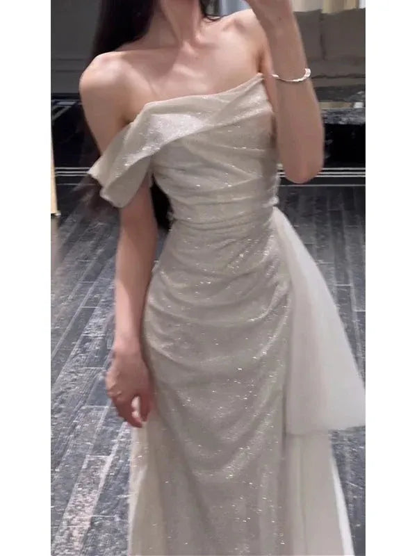 Sparkly Strapless Sleeveless Fitted Sequins Slit Sweep Train Prom Dress