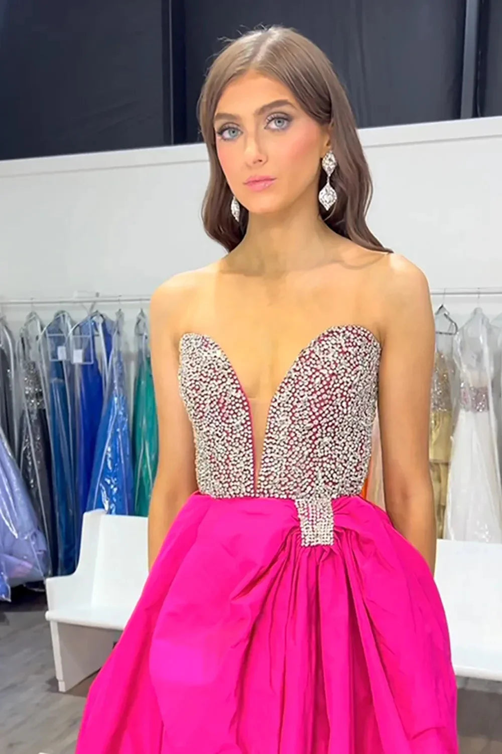 Glamorous Ball Gown Strapless Crystal-Embellished Open-Back Floor-Length Prom Dress