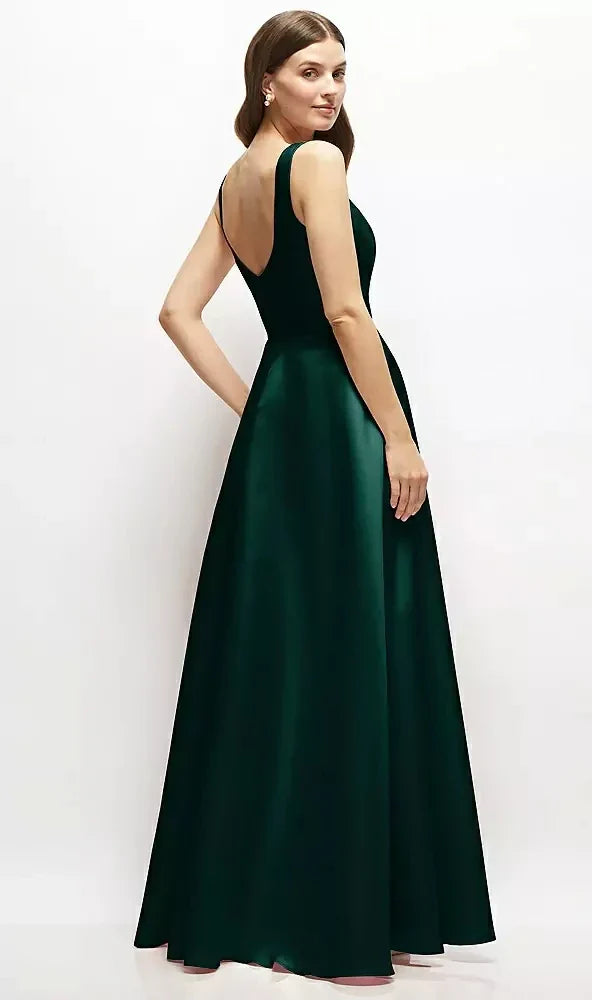 Square-Neck Satin Maxi Dress with Full Skirt in Evergreen