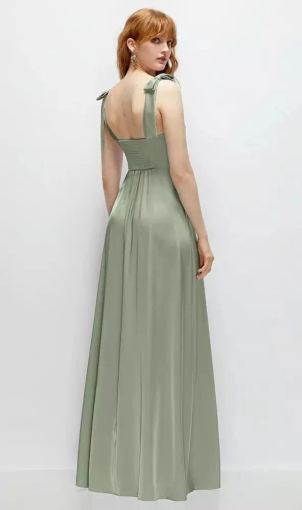 Square Neck Fluid Satin Maxi Dress with Bow Straps in Sage