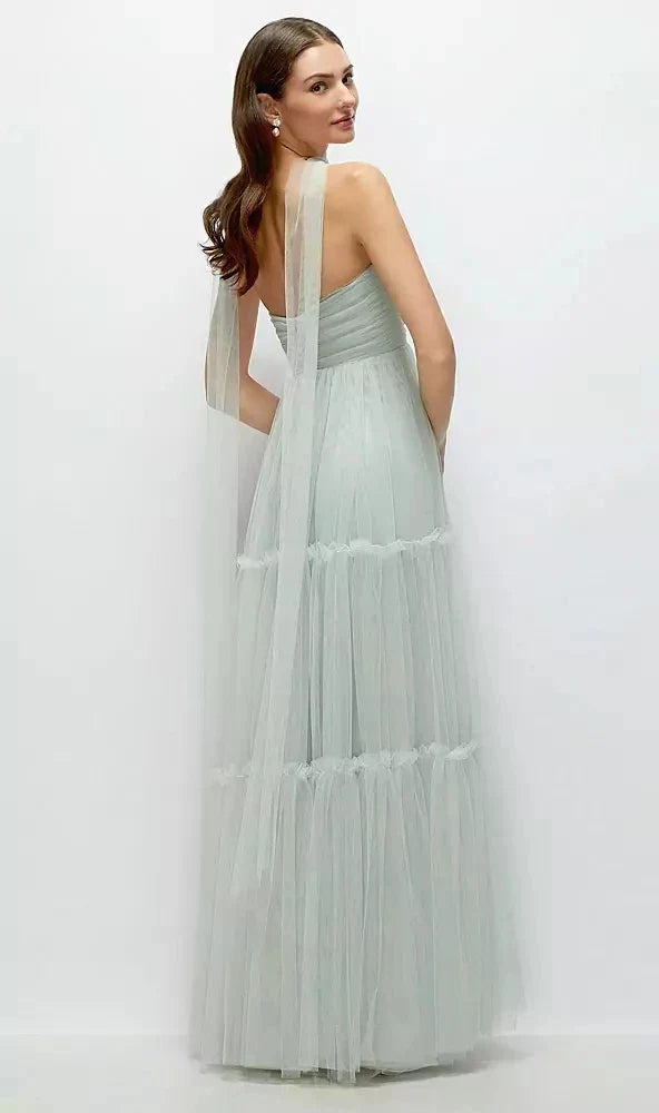 Strapless Cat-Eye Neu Tulle Tiered Maxi Dress with Convertible Sash in Willow Green