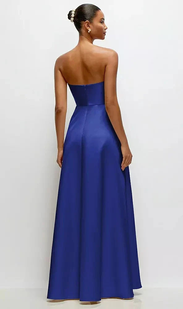 Strapless Draped Cat-Eye Satin Maxi Dress with Full Skirt in Cobalt Blue