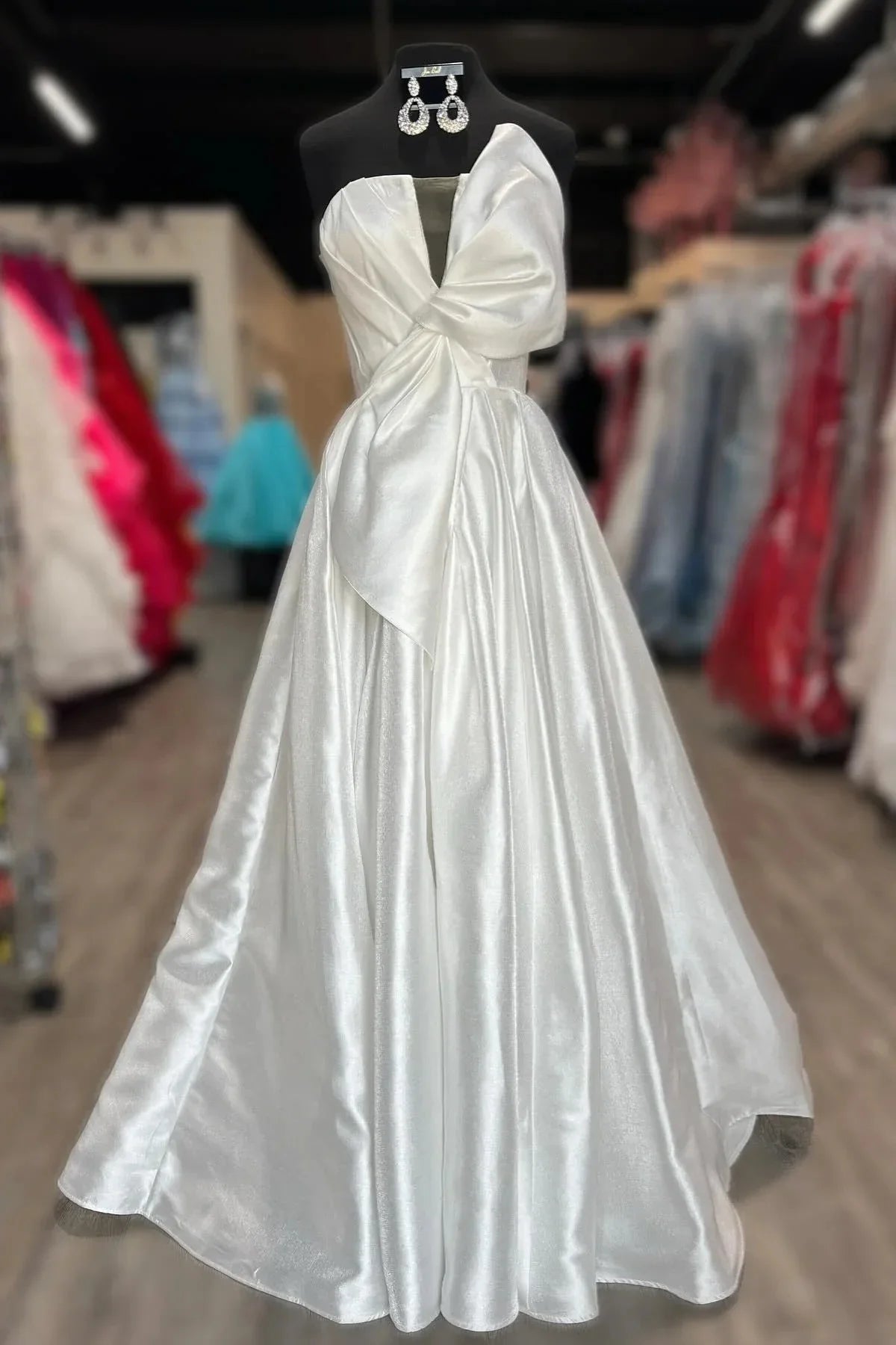 Strapless Light Pink Satin Prom Dress A-line Long with Bow