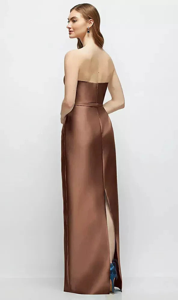 Strapless Satin Column Dress with Bow-Trimmed Skinny Belt in Cognac