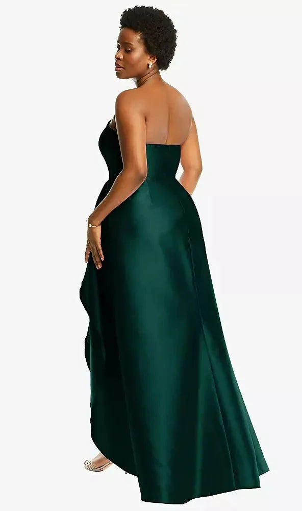 Strapless Satin Gown with Draped Front Slit and Pockets in Evergreen