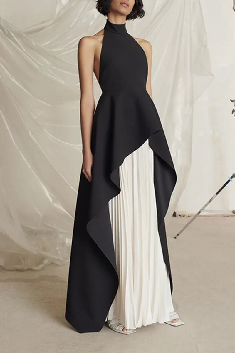 Stylish A-Line Halter Neck Pleated Black White Floor-Length Prom Dress With Asymmetric Hemisphere