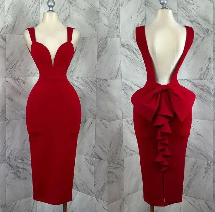 Stylish Bodycon V-neck Sleeveless Backless Bow knot Tea-Length Prom Dress