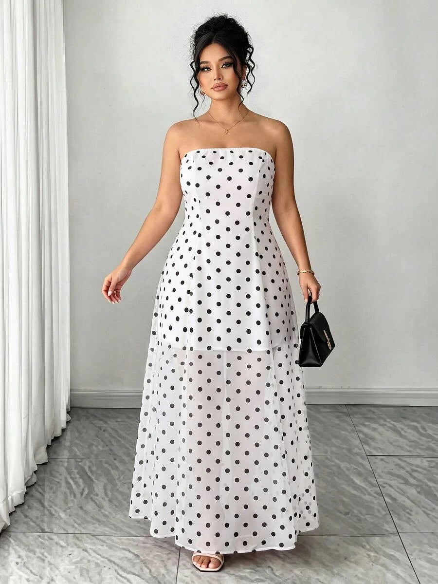 Stylish A-Line Strapless Polka Dot Flowy Chiffon White Floor-Length Prom Dress