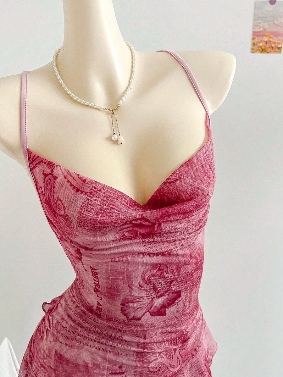 Stylish Mermaid Draped Neck Ruffled Floral Print Fuchsia Floor-Length Prom Dresses