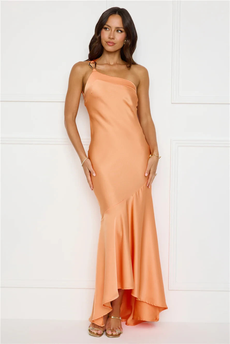 Stylish Mermaid One-Shoulder Draped Ruffle Hem Satin Peach Floor Length Prom Dress