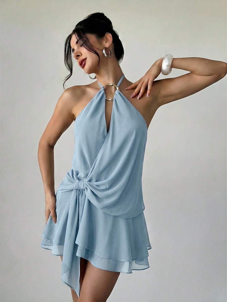 Stylish Romantic A-Line Halter Neck Keyhole Knot Light Blue Mini Homecoming Dresses
