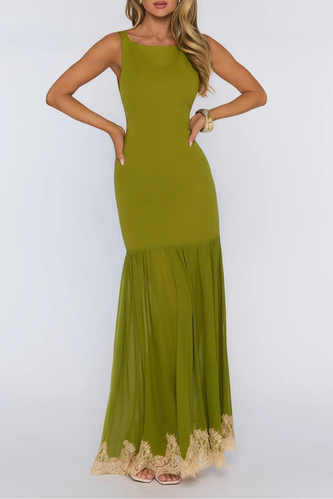 Stylish Sheath Boat Neck Backless Lace-Trimmed Olive Green Floor-Length Prom Dress