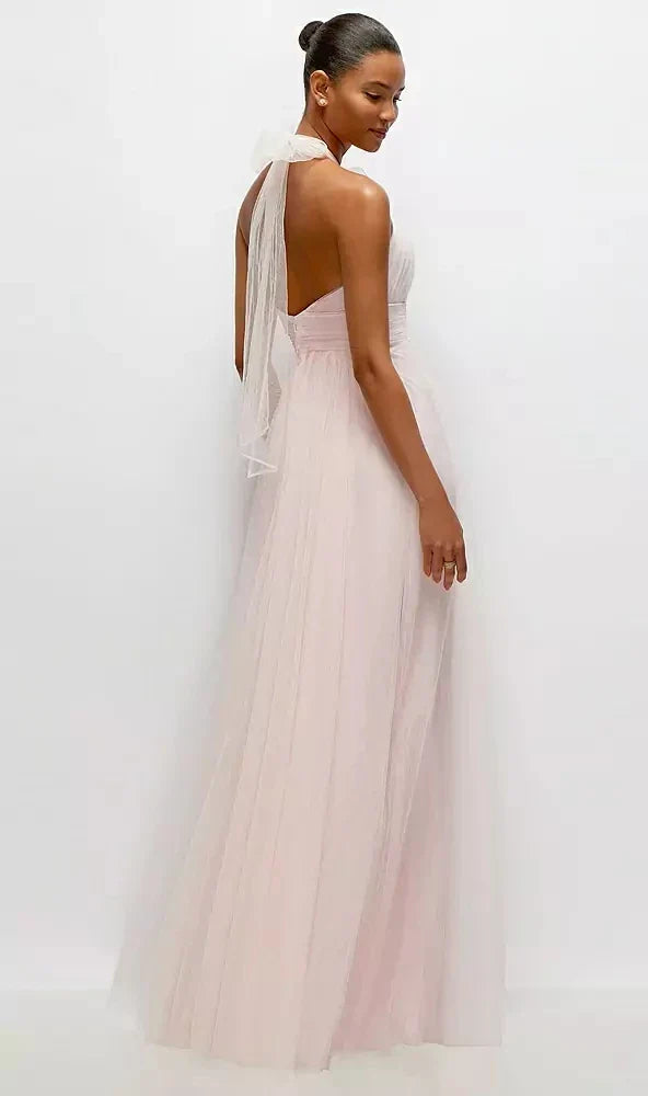 Tie-Back Halter Tulle Maxi Dress with Full Skirt & Rosette Detail in Ballet Pink