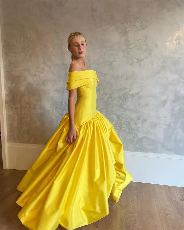 Timeless Off-the-Shoulder Corset Ruffle High Low Satin A-Line Ball Gown