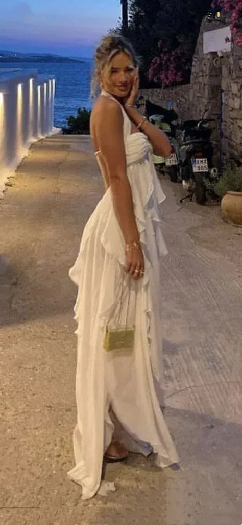 Trendy A-Line Reverse Halter Neck Backless Floor-Length Prom Dress