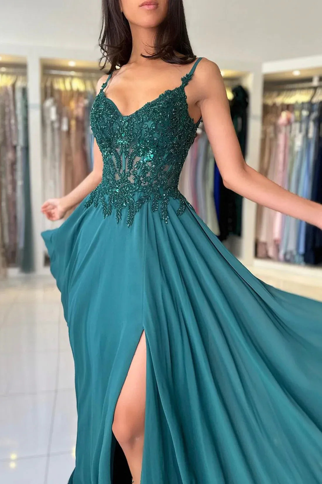 Trendy A-Line Spaghetti Straps Sleeveless V Back Sweep/Brush Train Prom Dress