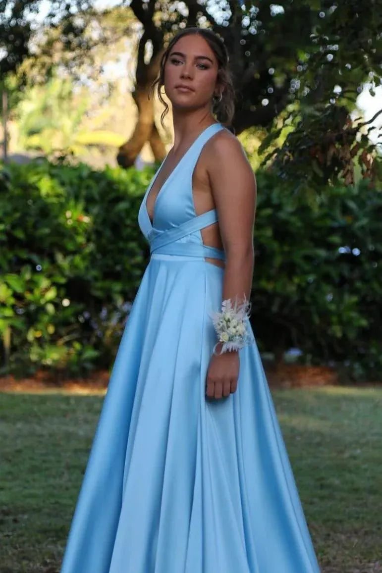 Trendy A-line V Neck Sleeveless Slit Satin Floor-Length Prom Dress